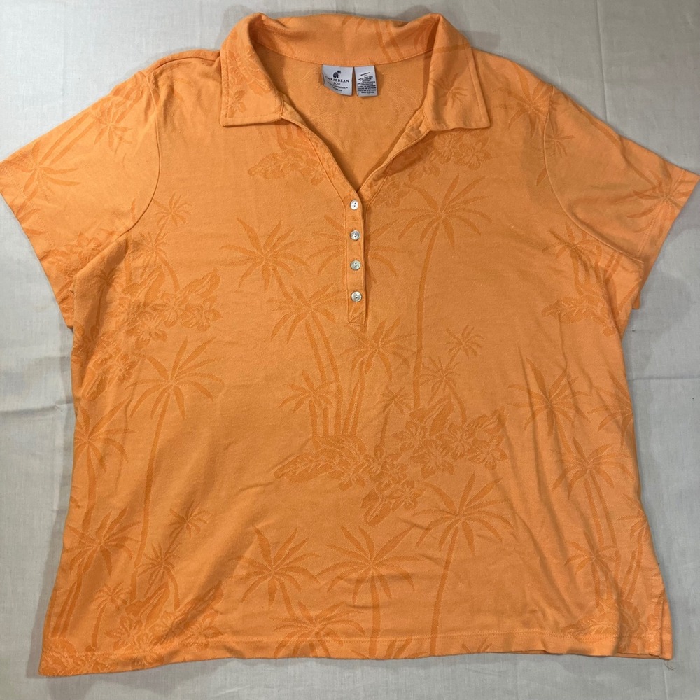 Caribbean Joe Womens 1X Orange Tropical Palm Tree Jacquard Polo Shirt Short Slv